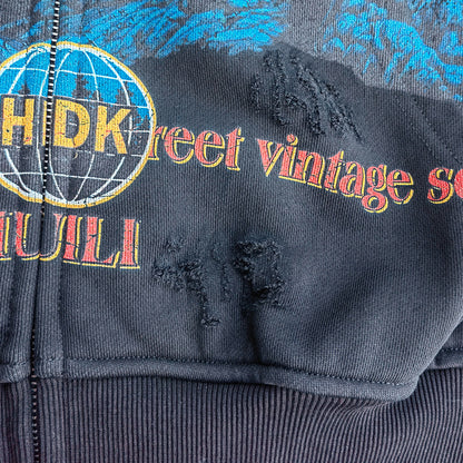FEARLESS Panther Zip Hoodie - Studded Fake Two-Piece Black Wash Y2K Streetwear