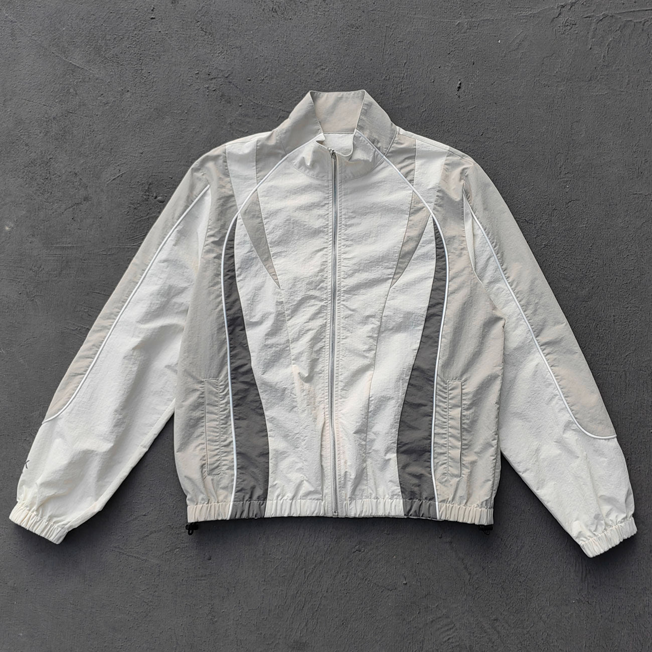 White Gray Color Block Tracksuit - Y2K Curved Piping Windbreaker Matching Set