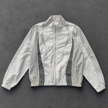 White Gray Color Block Tracksuit - Y2K Curved Piping Windbreaker Matching Set