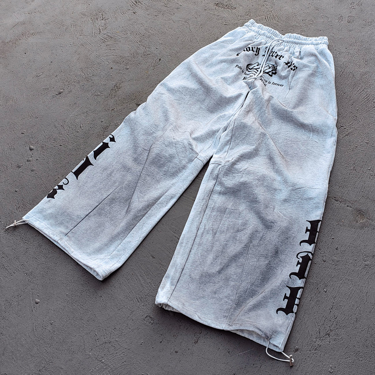 Holy Glory Sweatpants - Light Gray Acid Wash Gothic Font Print Drawstring Hem Wide Leg Y2K Streetwear