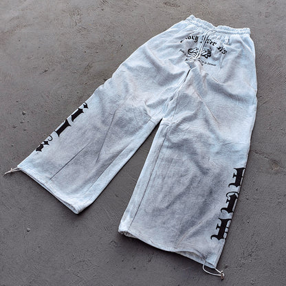 Holy Glory Sweatpants - Light Gray Acid Wash Gothic Font Print Drawstring Hem Wide Leg Y2K Streetwear