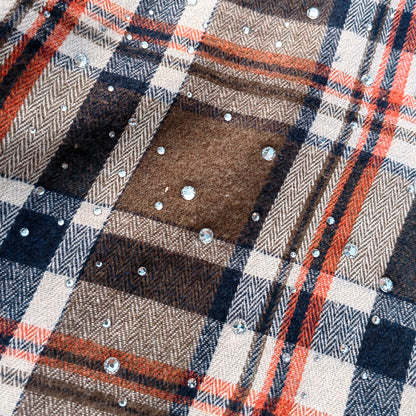 Paint Splatter Plaid Shirt - Olive Flannel Rhinestone Y2K Button Up Streetwear