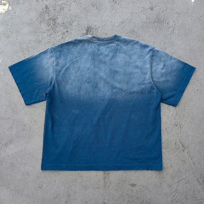 Holy Glory Graphic Tee - Navy Blue Gradient Acid Wash Distressed Portrait Collage Y2K Streetwear