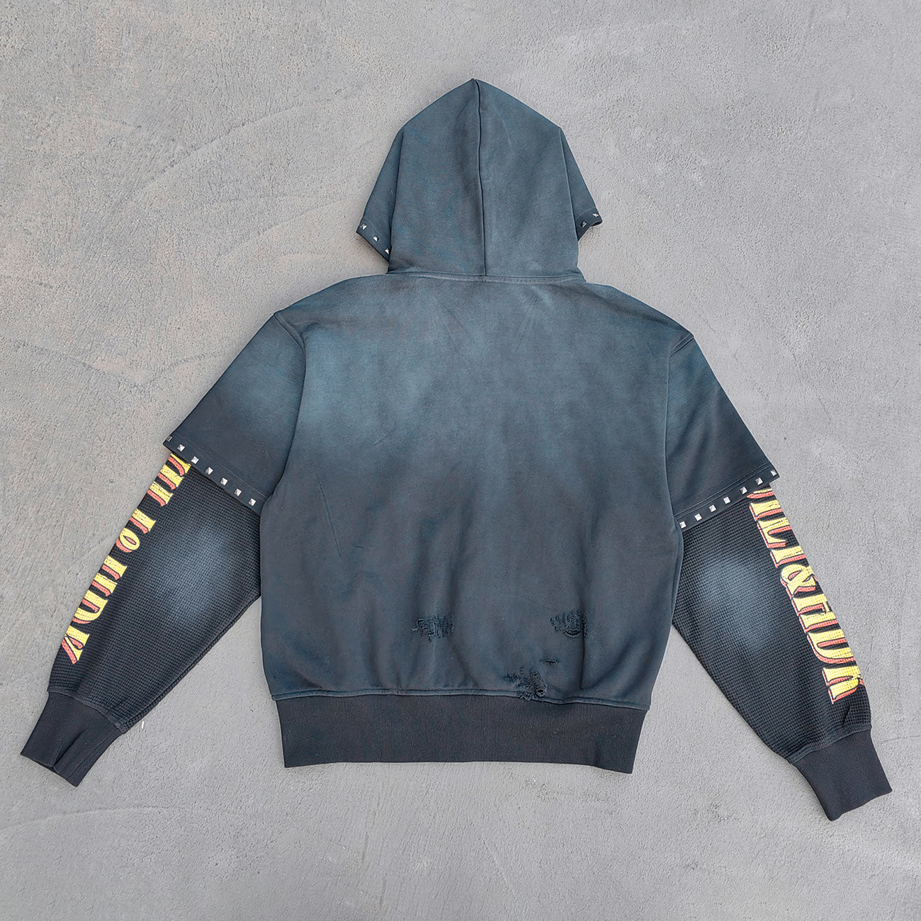 FEARLESS Panther Zip Hoodie - Studded Fake Two-Piece Black Wash Y2K Streetwear