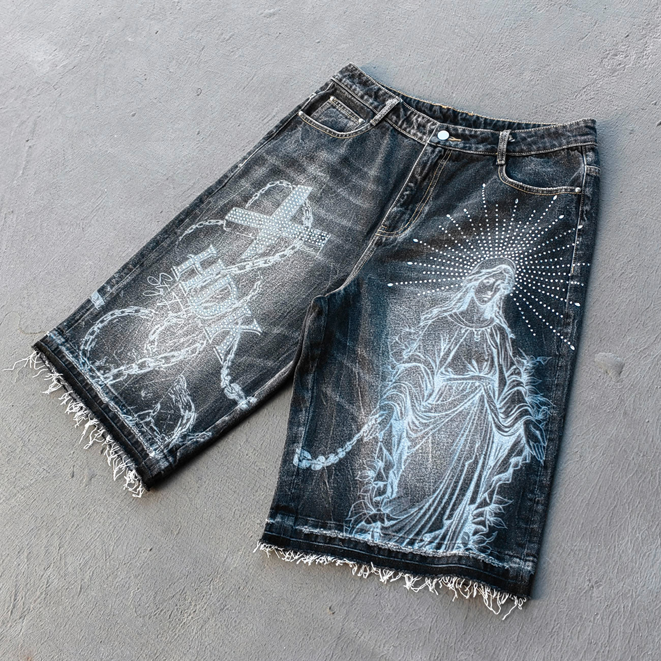 Religious Print Denim Shorts - Rhinestone Cross Y2K Baggy Black Jorts