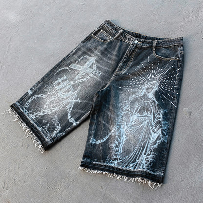 Religious Print Denim Shorts - Rhinestone Cross Y2K Baggy Black Jorts