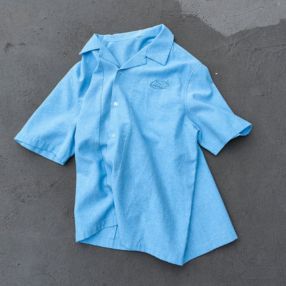Light Blue Chambray Shirt - HDK Embroidered Half Zip / Camp Collar Y2K Streetwear