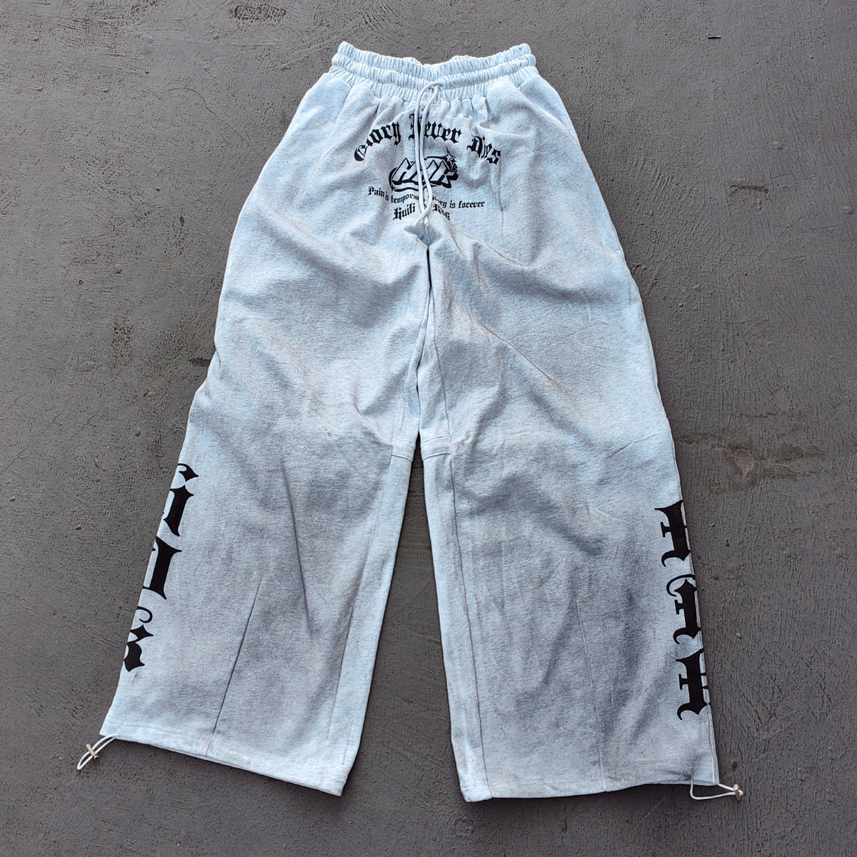 Holy Glory Sweatpants - Light Gray Acid Wash Gothic Font Print Drawstring Hem Wide Leg Y2K Streetwear