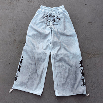 Holy Glory Sweatpants - Light Gray Acid Wash Gothic Font Print Drawstring Hem Wide Leg Y2K Streetwear