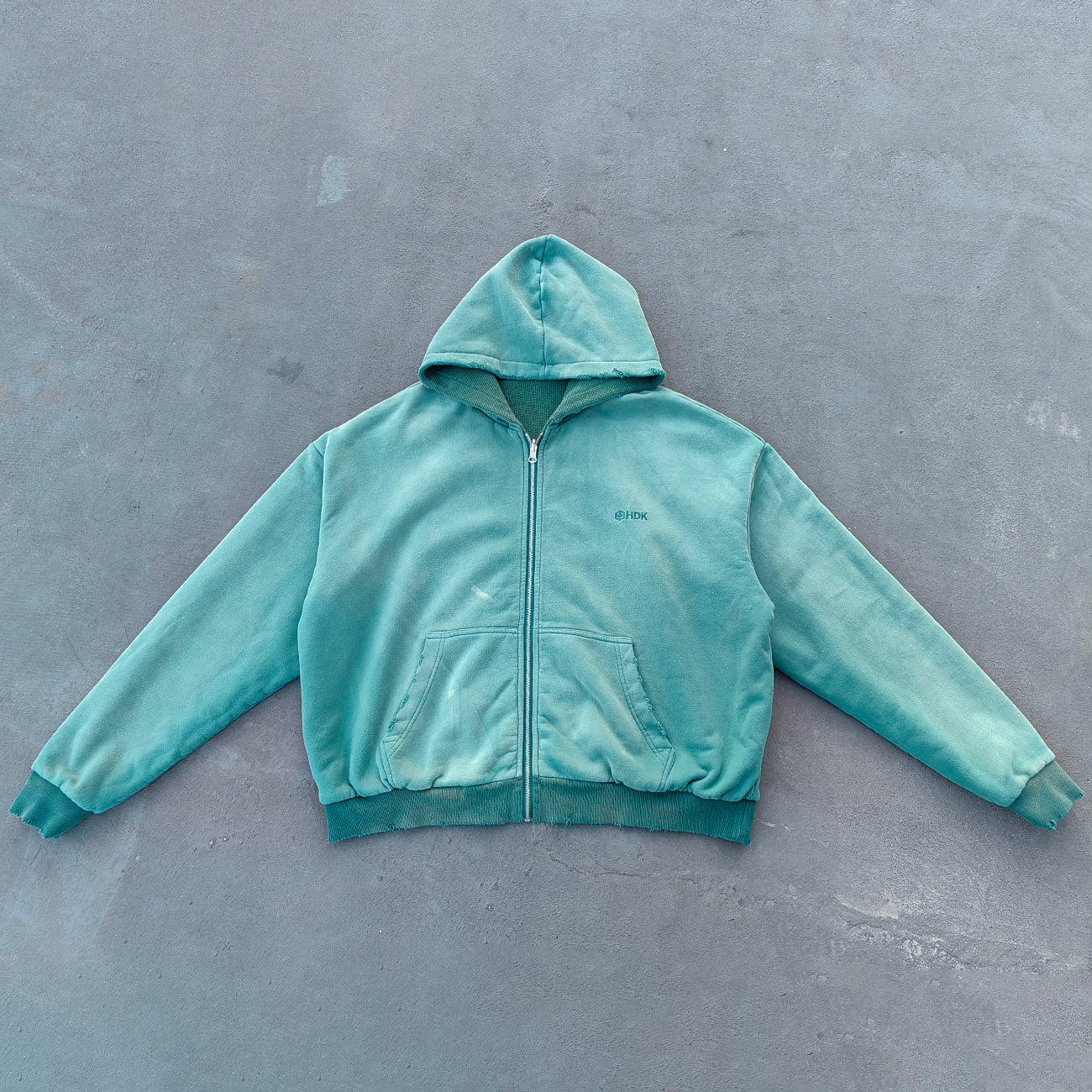 Reversible Zip Up Hoodie - Mint Green Waffle Knit Distressed Y2K Streetwear