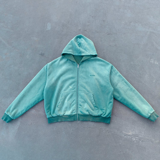 Reversible Zip Up Hoodie - Mint Green Waffle Knit Distressed Y2K Streetwear