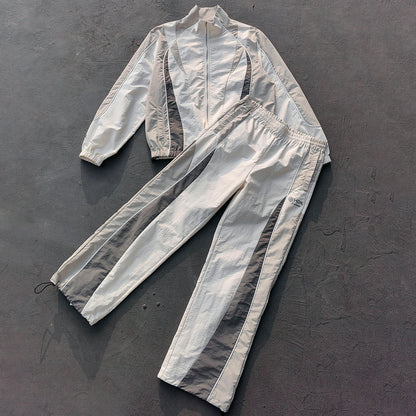 White Gray Color Block Tracksuit - Y2K Curved Piping Windbreaker Matching Set