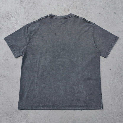 Comic Graphic Tee - Dark Gray Acid Wash Pin Up Skull Print Splatter Ripped Y2K Streetwear