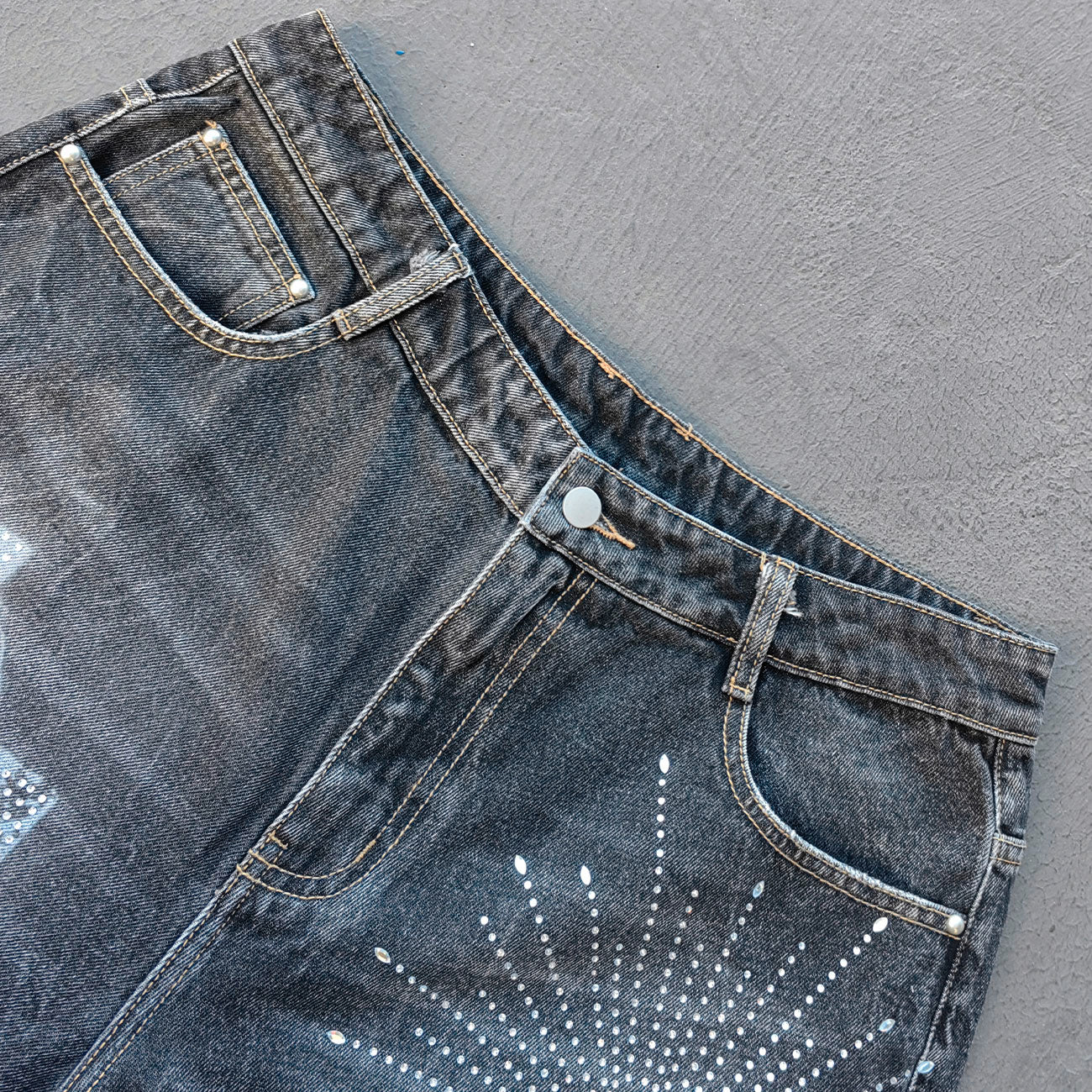 Religious Print Denim Shorts - Rhinestone Cross Y2K Baggy Black Jorts