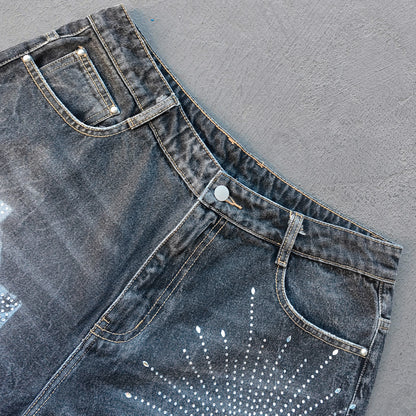 Religious Print Denim Shorts - Rhinestone Cross Y2K Baggy Black Jorts
