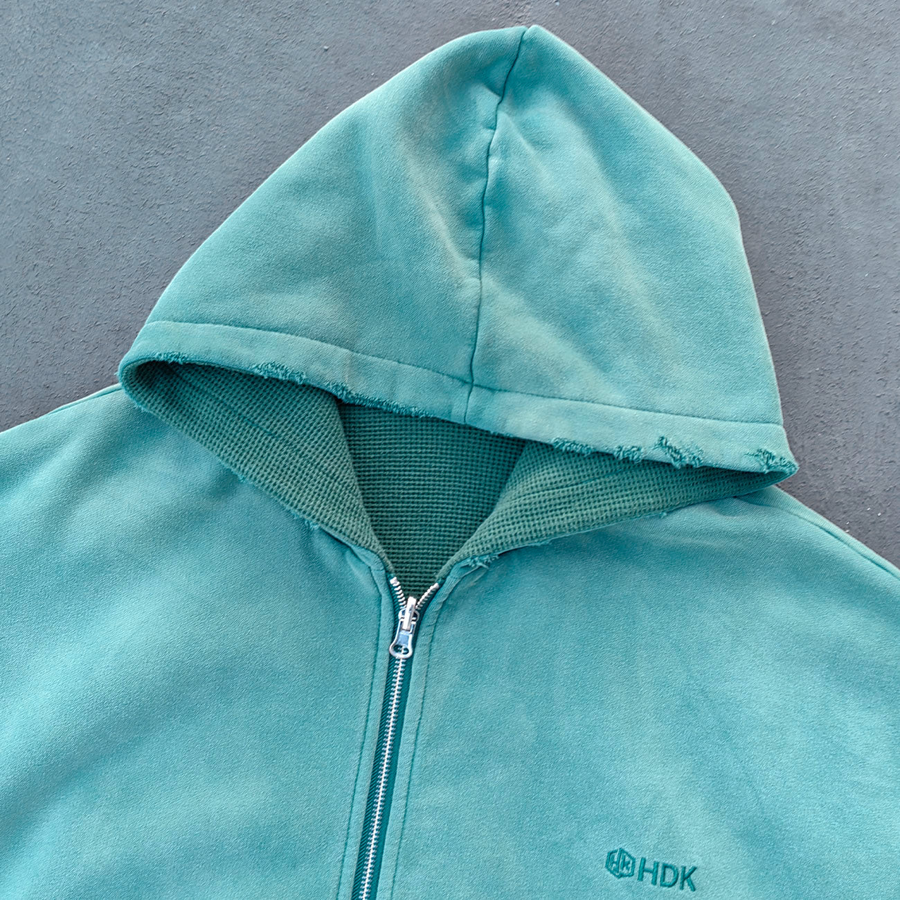 Reversible Zip Up Hoodie - Mint Green Waffle Knit Distressed Y2K Streetwear