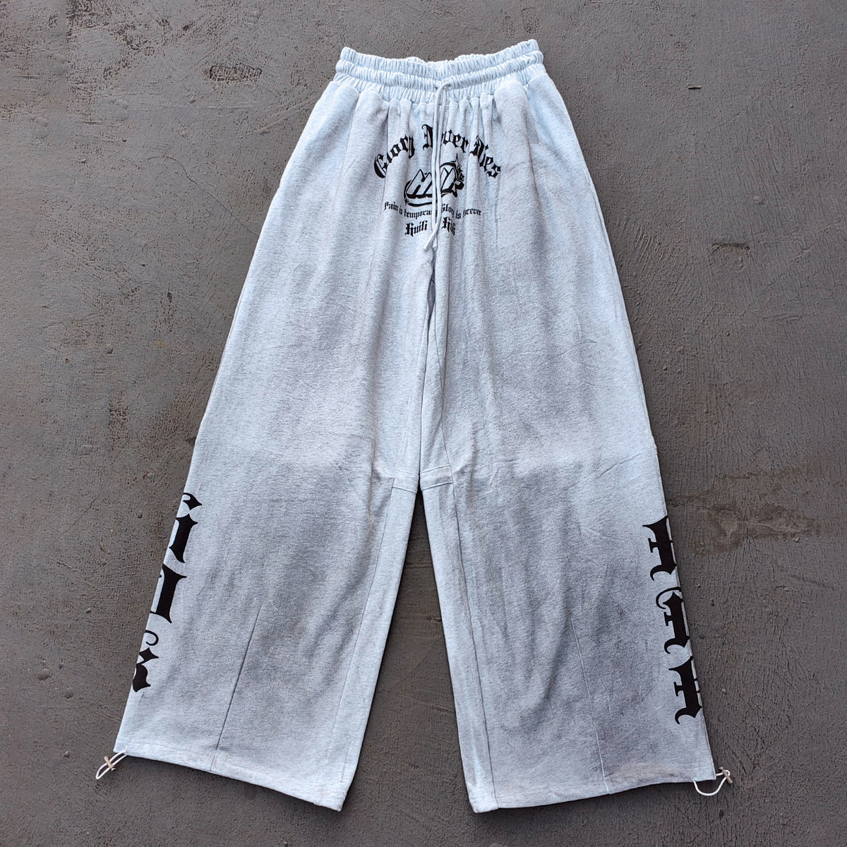 Holy Glory Sweatpants - Light Gray Acid Wash Gothic Font Print Drawstring Hem Wide Leg Y2K Streetwear