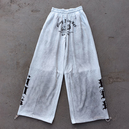 Holy Glory Sweatpants - Light Gray Acid Wash Gothic Font Print Drawstring Hem Wide Leg Y2K Streetwear
