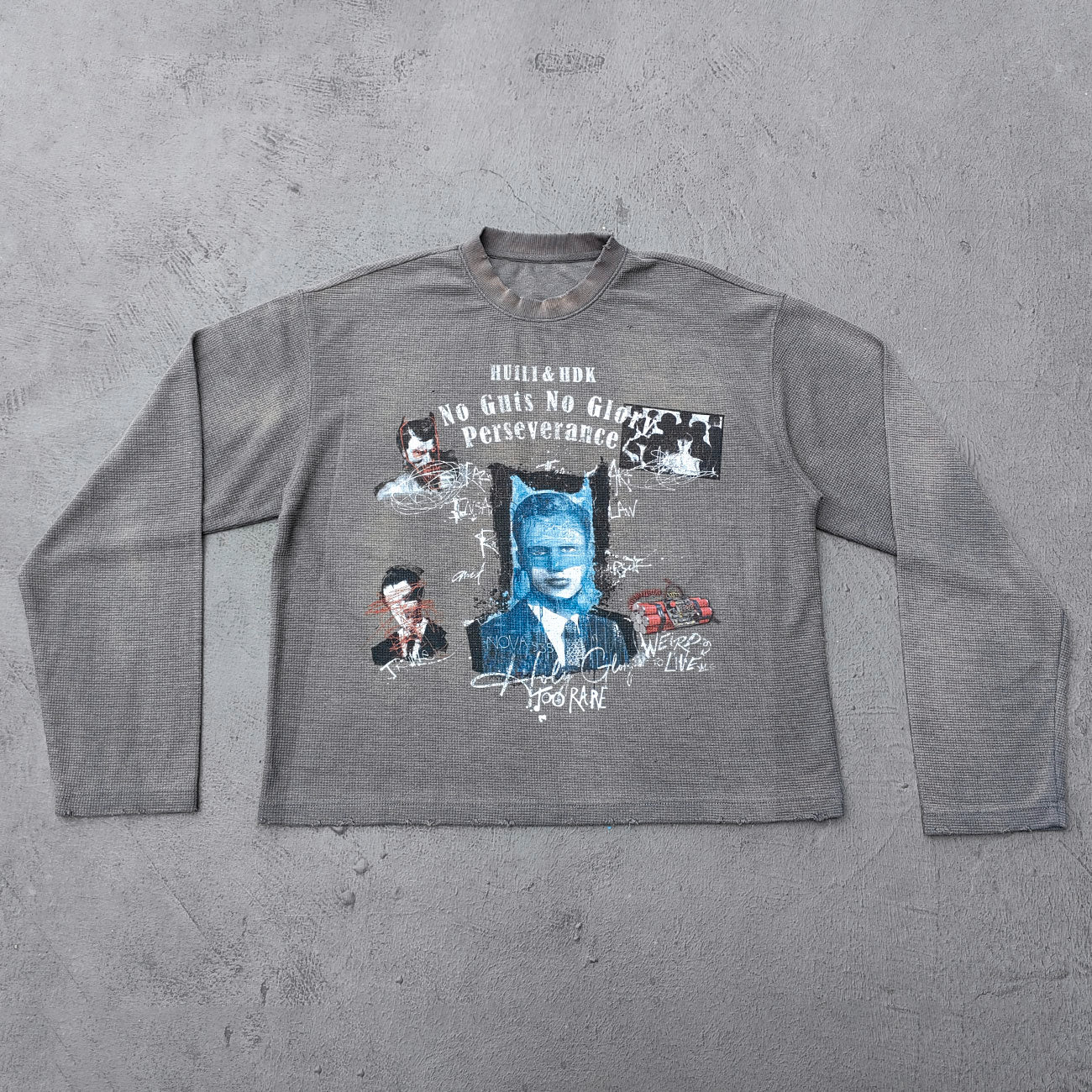 Collage Graphic Long Sleeve Tee - Gray Brown Waffle Knit Acid Wash Portrait Print Y2K Streetwear