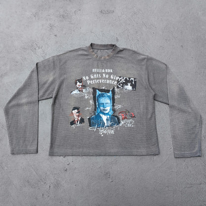 Collage Graphic Long Sleeve Tee - Gray Brown Waffle Knit Acid Wash Portrait Print Y2K Streetwear