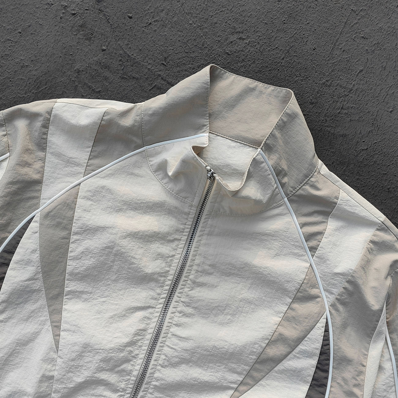 White Gray Color Block Tracksuit - Y2K Curved Piping Windbreaker Matching Set
