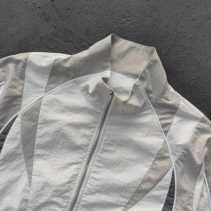 White Gray Color Block Tracksuit - Y2K Curved Piping Windbreaker Matching Set