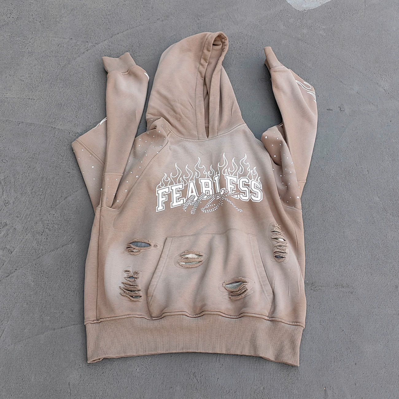 FEARLESS Rhinestone Hoodie - Flame Print Khaki Distressed Y2K Streetwear