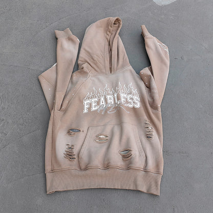 FEARLESS Rhinestone Hoodie - Flame Print Khaki Distressed Y2K Streetwear