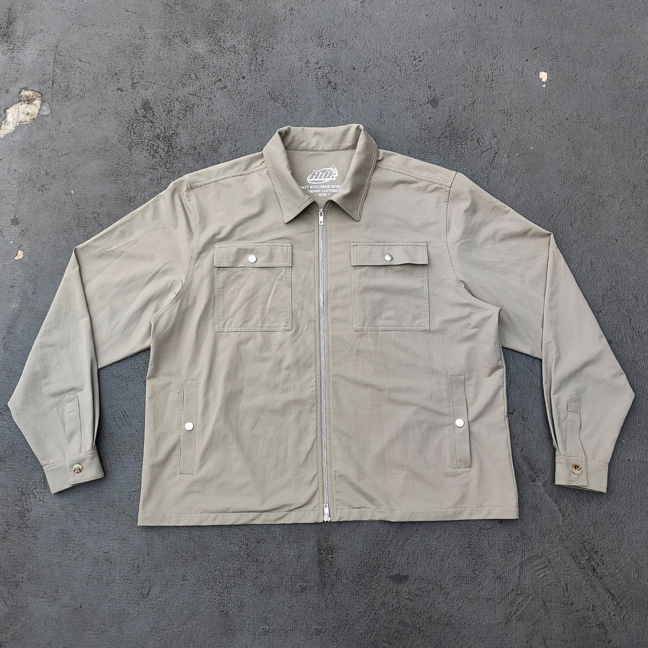 Utility Work Jacket - Khaki Olive Collared Full Zip Multi Pocket Snap Button Y2K Streetwear