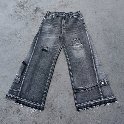 Wide Leg Jeans - Black Gray Acid Wash Multi Pocket Cargo Strap Frayed Hem Y2K Streetwear