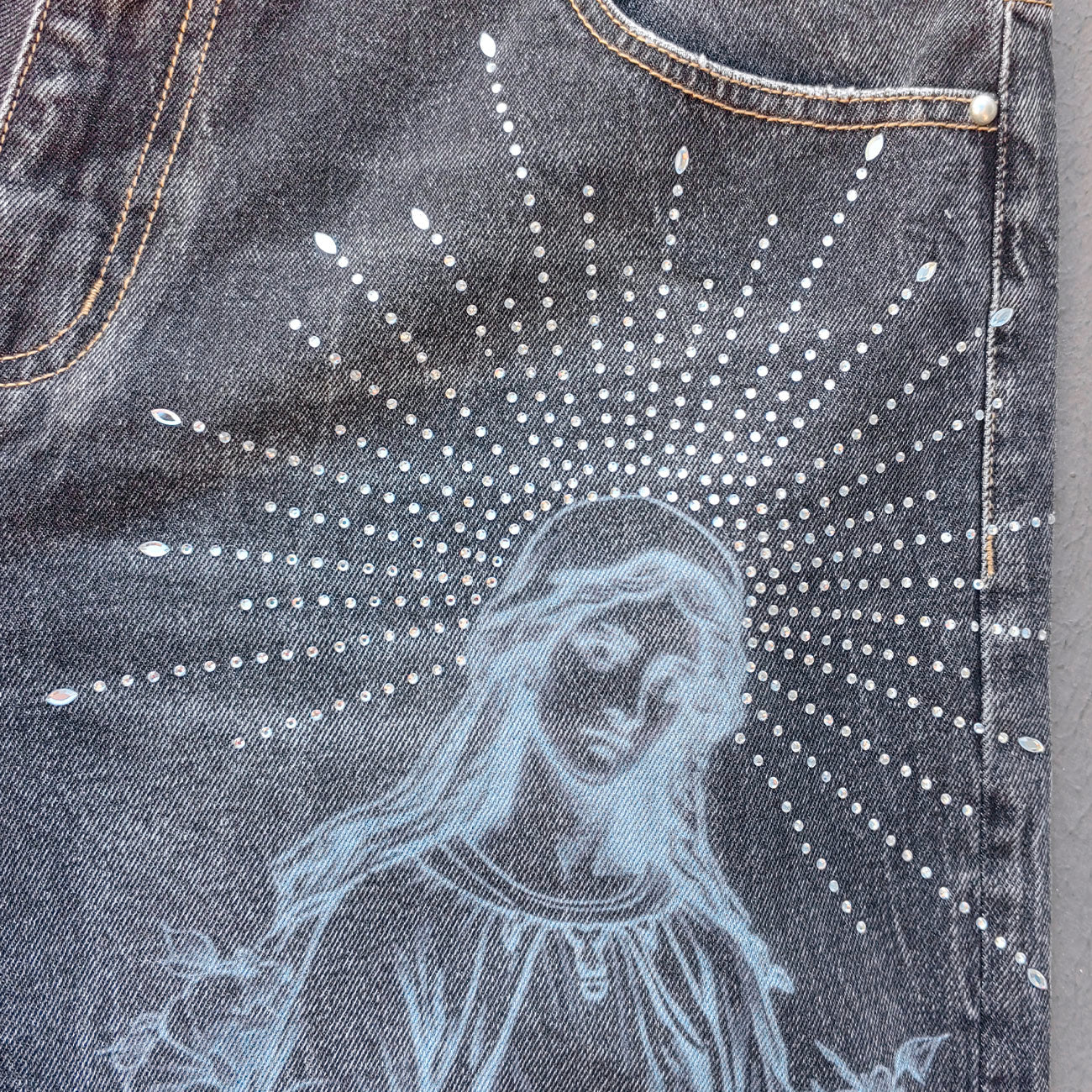 Religious Print Denim Shorts - Rhinestone Cross Y2K Baggy Black Jorts