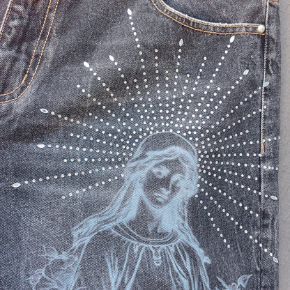 Religious Print Denim Shorts - Rhinestone Cross Y2K Baggy Black Jorts