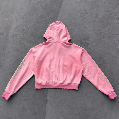 Flame Print Zip Up Hoodie - Distressed Ripped Acid Wash Y2K Streetwear