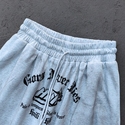 Holy Glory Sweatpants - Light Gray Acid Wash Gothic Font Print Drawstring Hem Wide Leg Y2K Streetwear