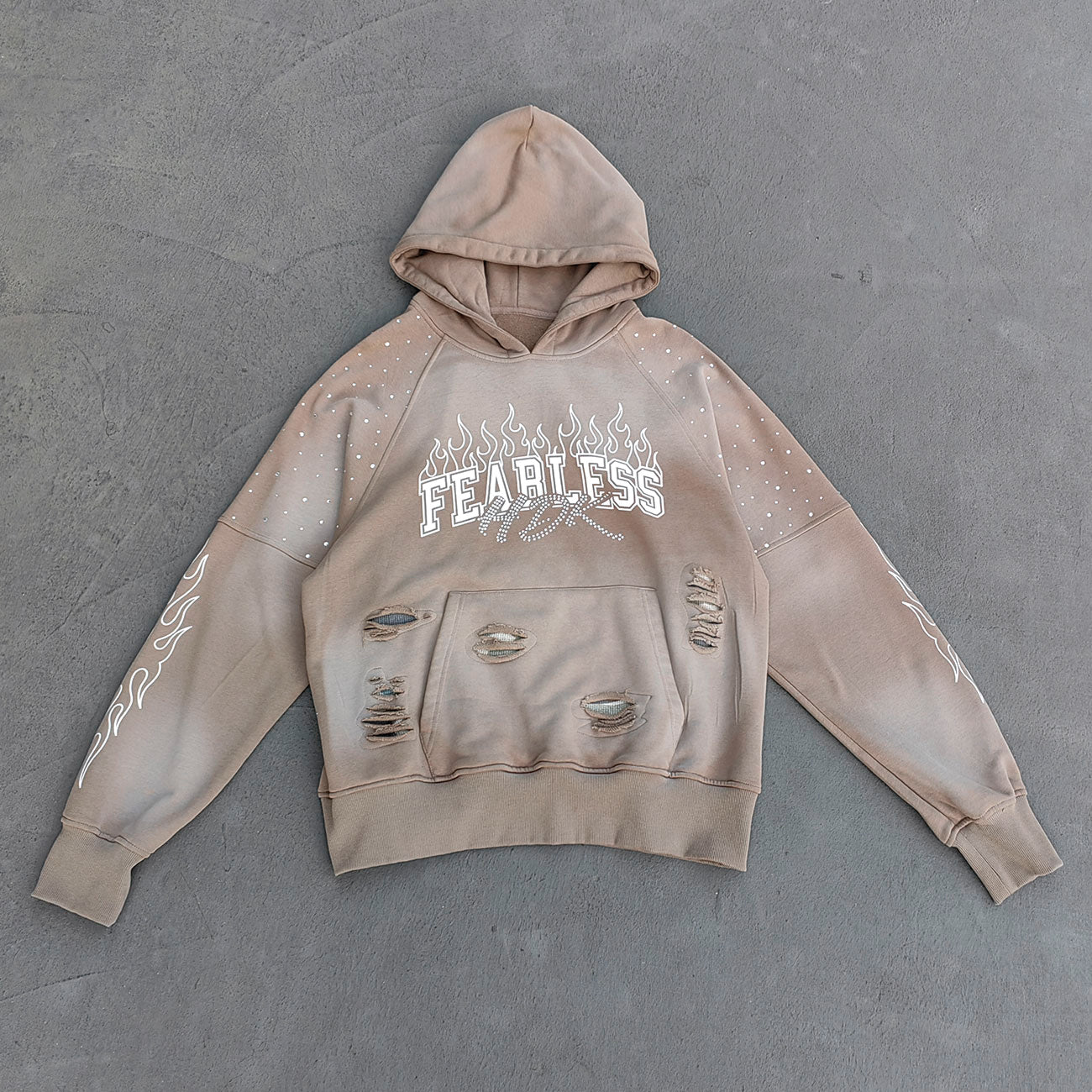FEARLESS Rhinestone Hoodie - Flame Print Khaki Distressed Y2K Streetwear