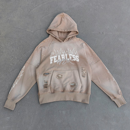 FEARLESS Rhinestone Hoodie - Flame Print Khaki Distressed Y2K Streetwear