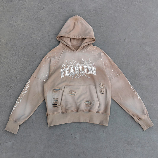 FEARLESS Rhinestone Hoodie - Flame Print Khaki Distressed Y2K Streetwear