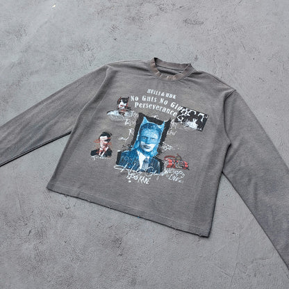Collage Graphic Long Sleeve Tee - Gray Brown Waffle Knit Acid Wash Portrait Print Y2K Streetwear