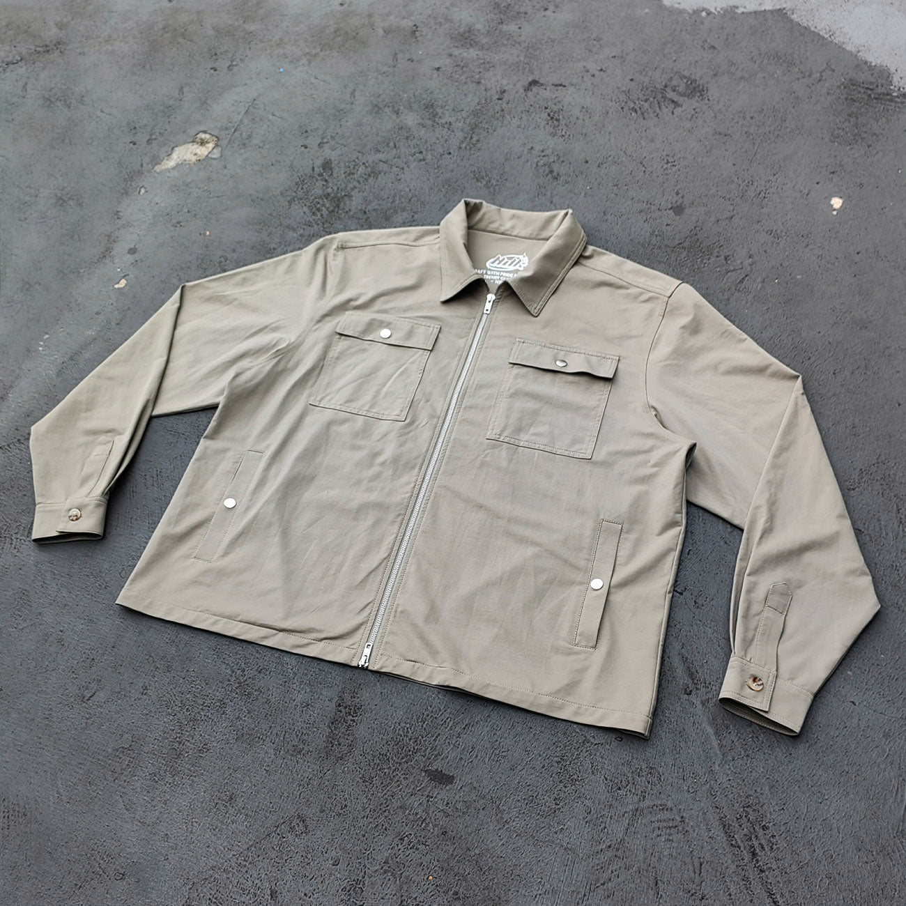 Utility Work Jacket - Khaki Olive Collared Full Zip Multi Pocket Snap Button Y2K Streetwear