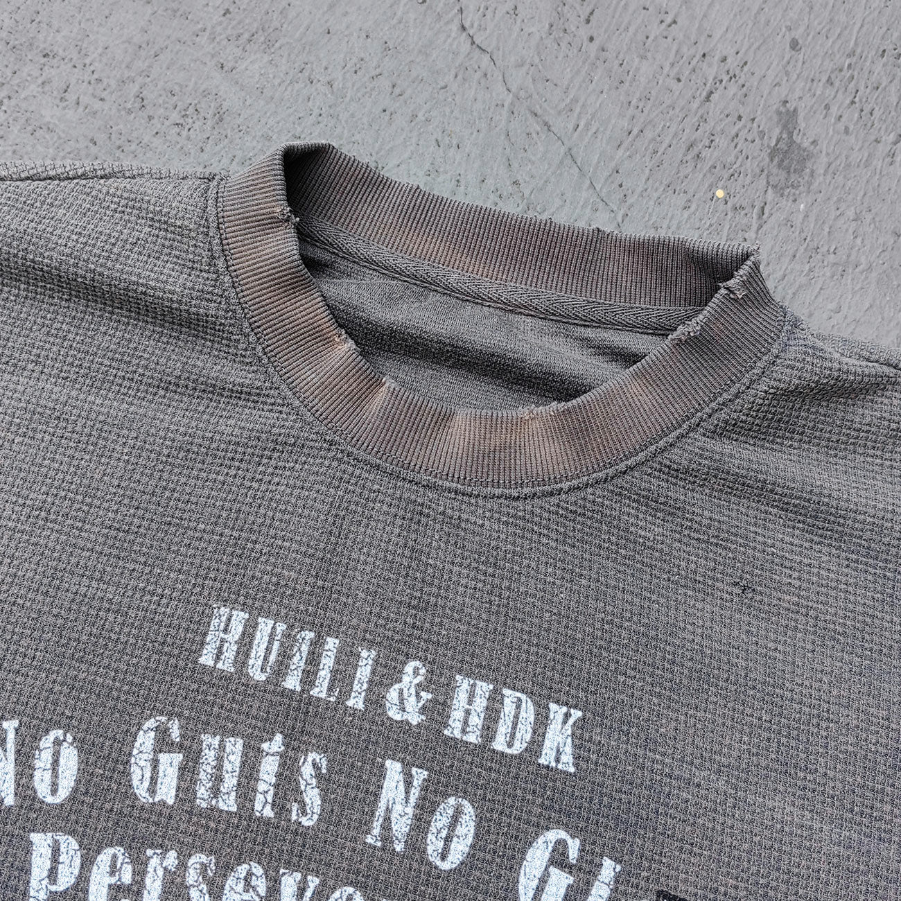 Collage Graphic Long Sleeve Tee - Gray Brown Waffle Knit Acid Wash Portrait Print Y2K Streetwear