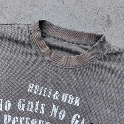 Collage Graphic Long Sleeve Tee - Gray Brown Waffle Knit Acid Wash Portrait Print Y2K Streetwear