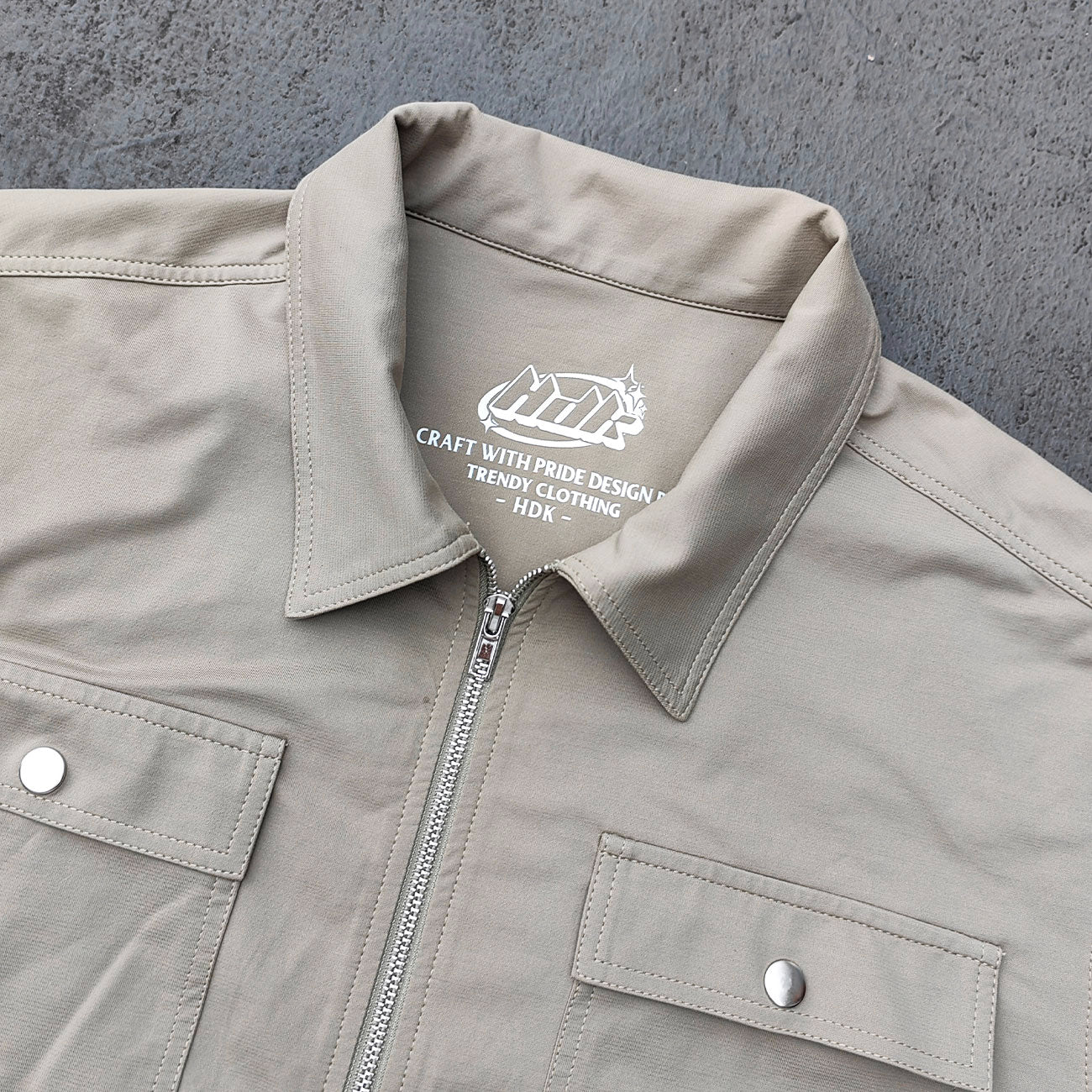 Utility Work Jacket - Khaki Olive Collared Full Zip Multi Pocket Snap Button Y2K Streetwear