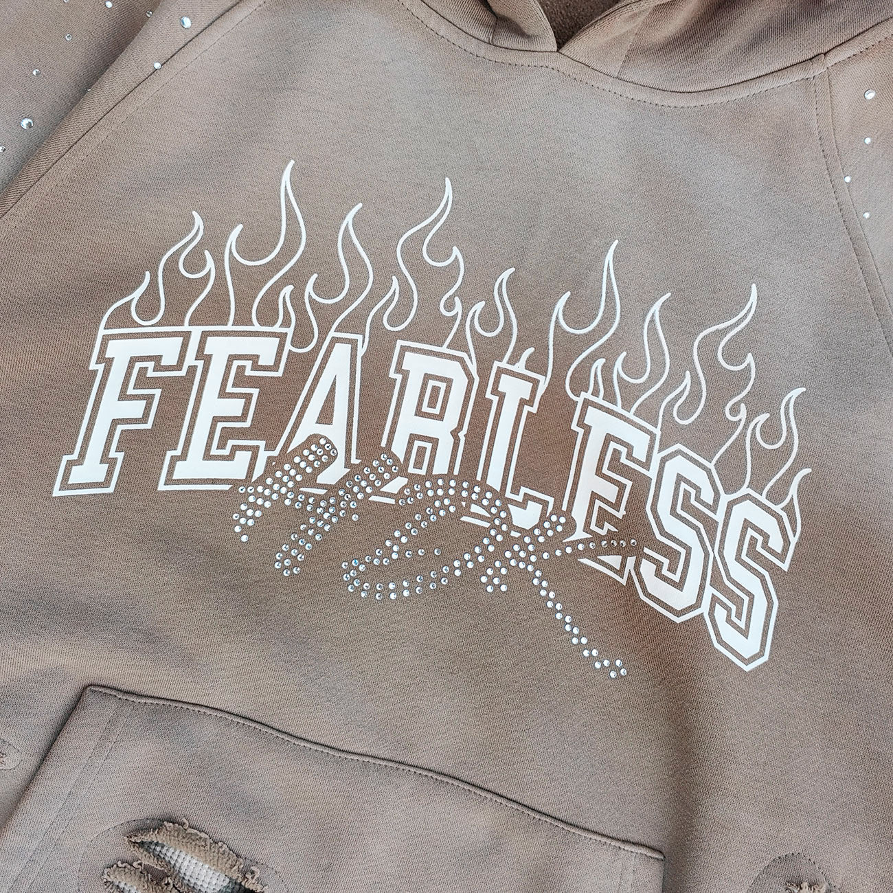 FEARLESS Rhinestone Hoodie - Flame Print Khaki Distressed Y2K Streetwear