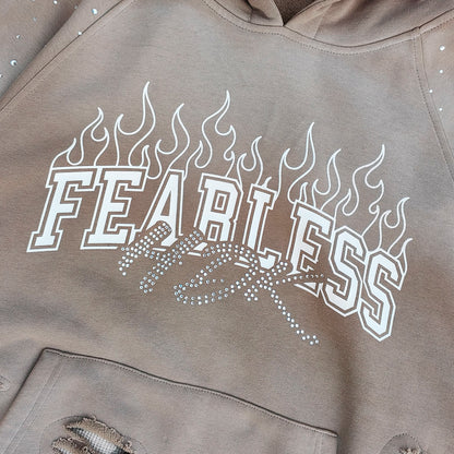 FEARLESS Rhinestone Hoodie - Flame Print Khaki Distressed Y2K Streetwear