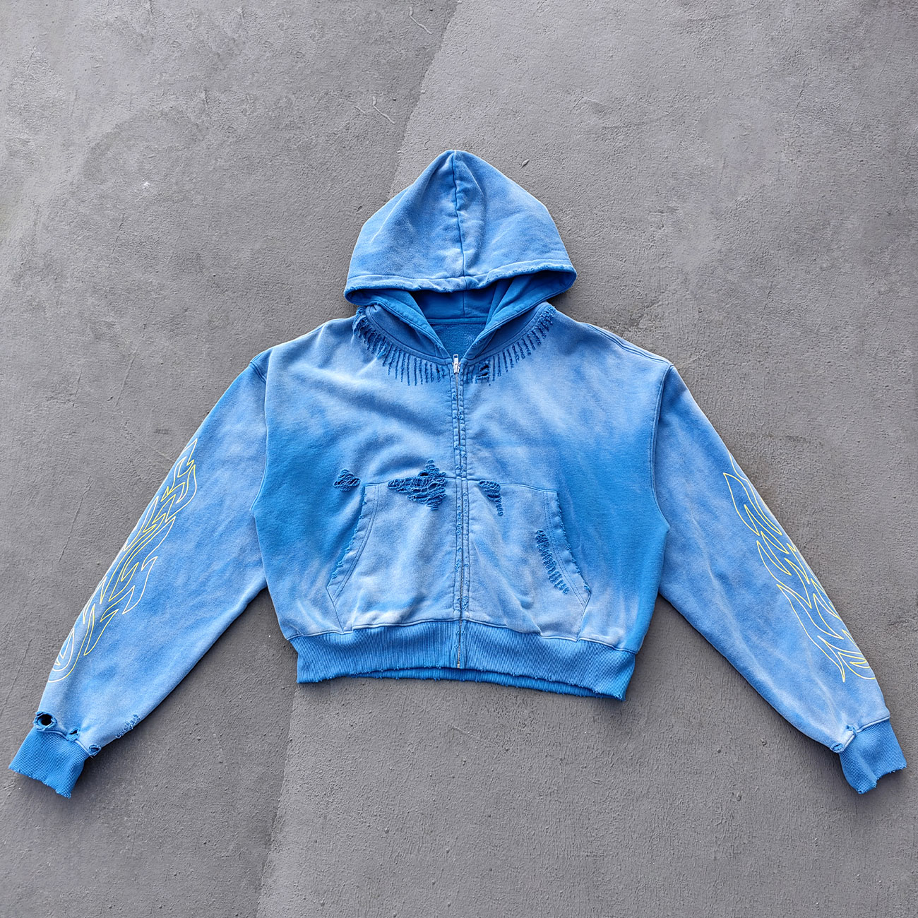 Flame Print Zip Up Hoodie - Distressed Ripped Acid Wash Y2K Streetwear
