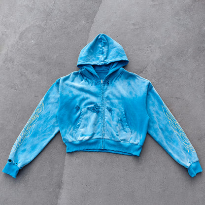 Flame Print Zip Up Hoodie - Distressed Ripped Acid Wash Y2K Streetwear