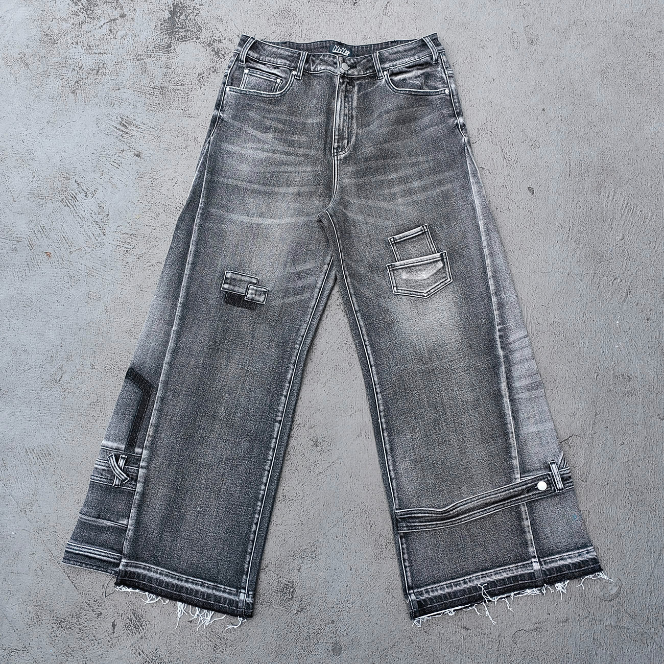 Wide Leg Jeans - Black Gray Acid Wash Multi Pocket Cargo Strap Frayed Hem Y2K Streetwear