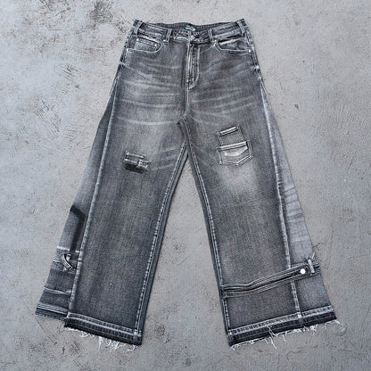 Wide Leg Jeans - Black Gray Acid Wash Multi Pocket Cargo Strap Frayed Hem Y2K Streetwear
