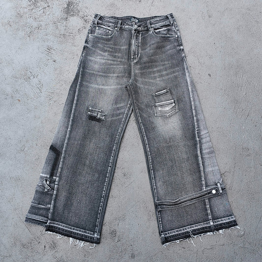 Wide Leg Jeans - Black Gray Acid Wash Multi Pocket Cargo Strap Frayed Hem Y2K Streetwear