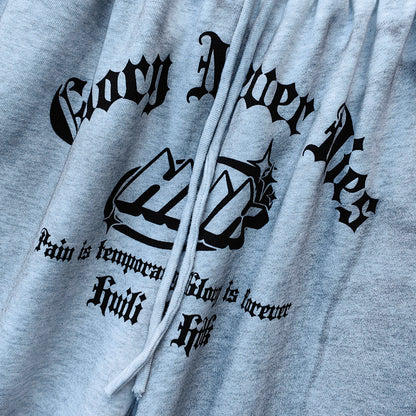 Holy Glory Sweatpants - Light Gray Acid Wash Gothic Font Print Drawstring Hem Wide Leg Y2K Streetwear